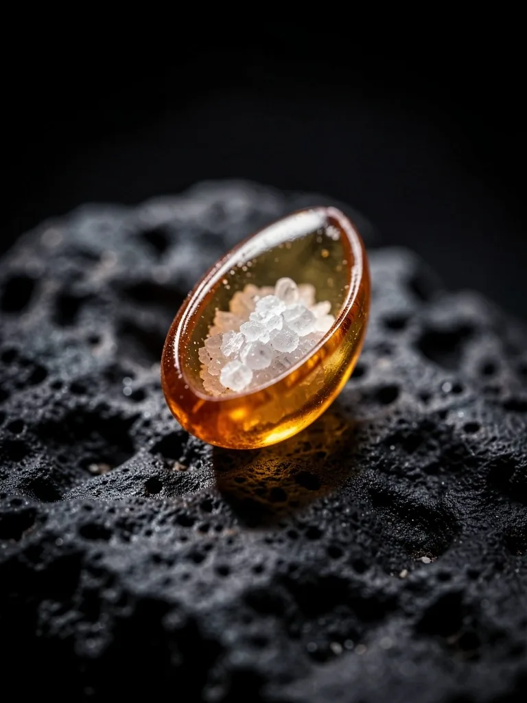 A single botanical capsule on dark stone surface