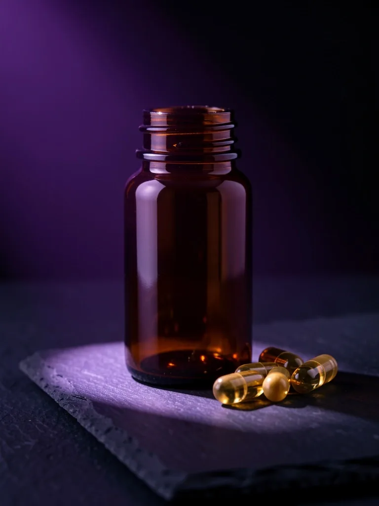 Amber glass supplement bottle protecting contents